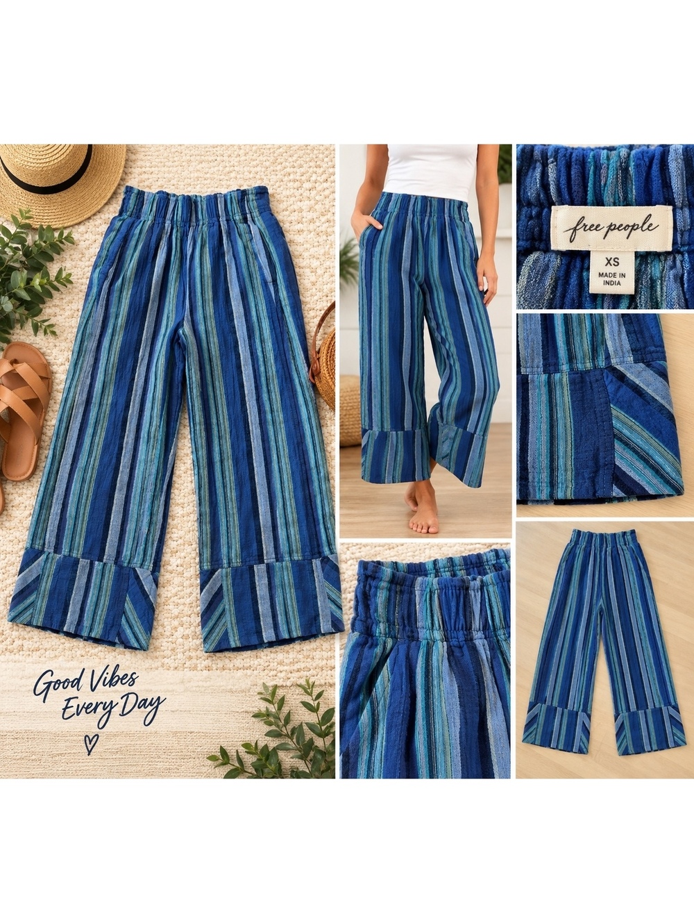Free People XS Blue Multicolor Striped Wide Leg Pants Boho Pull-On
